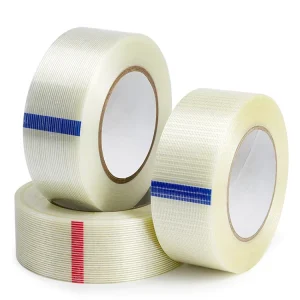 Self Adhesive No Residue Heavy Duty Die Cut Striped Cross Reinforced Package Strapping Fiberglass High Tensile Strength Filament